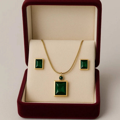 Anti-Tarnish Emerald Green Pendant Set with Earrings in gold finish