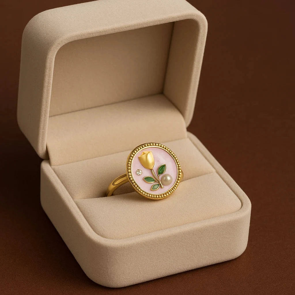 Anti Tarnish Floral Pearl Ring – Enamel Rose Design Gems and Glitter
