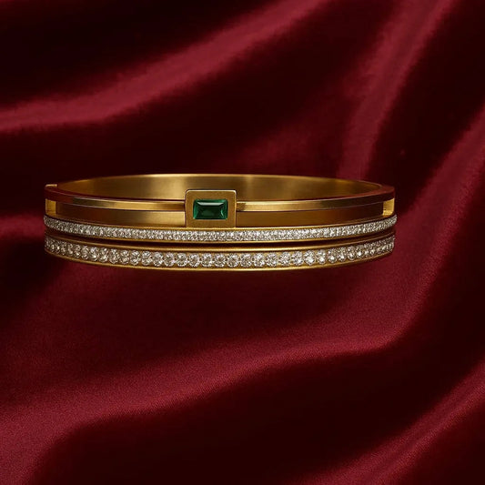 Anti-Tarnish Gold Bangle with Green Gemstone – Elegant & Durable Gems and Glitter
