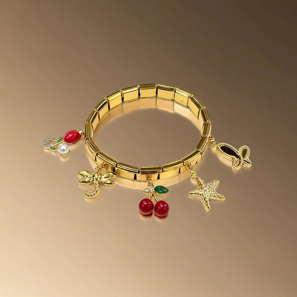 Gold bracelet with various charms on a gold background