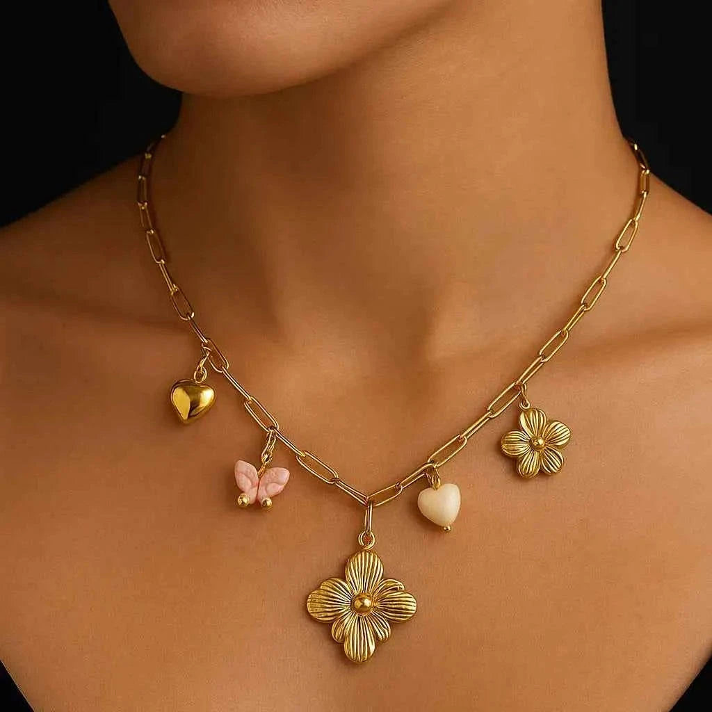 Anti-Tarnish Gold Charm Necklace with Butterfly, Heart & Floral Pendants