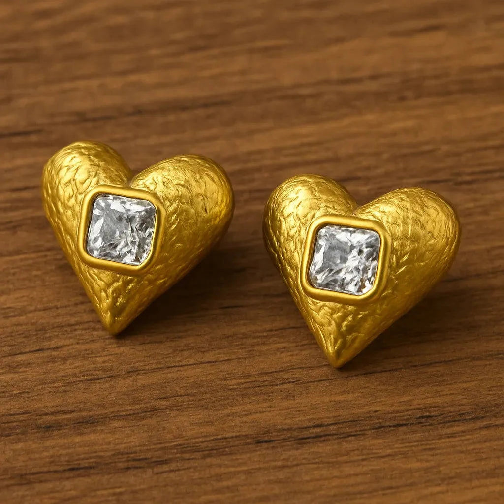 Anti-Tarnish Gold Heart Earrings with Square Crystal – waterproof and durable
