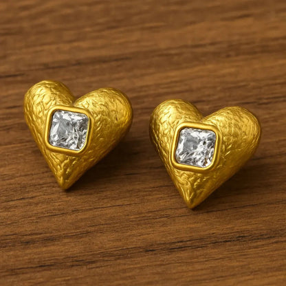 Anti-Tarnish Gold Heart Earrings with Square Crystal – waterproof and durable

