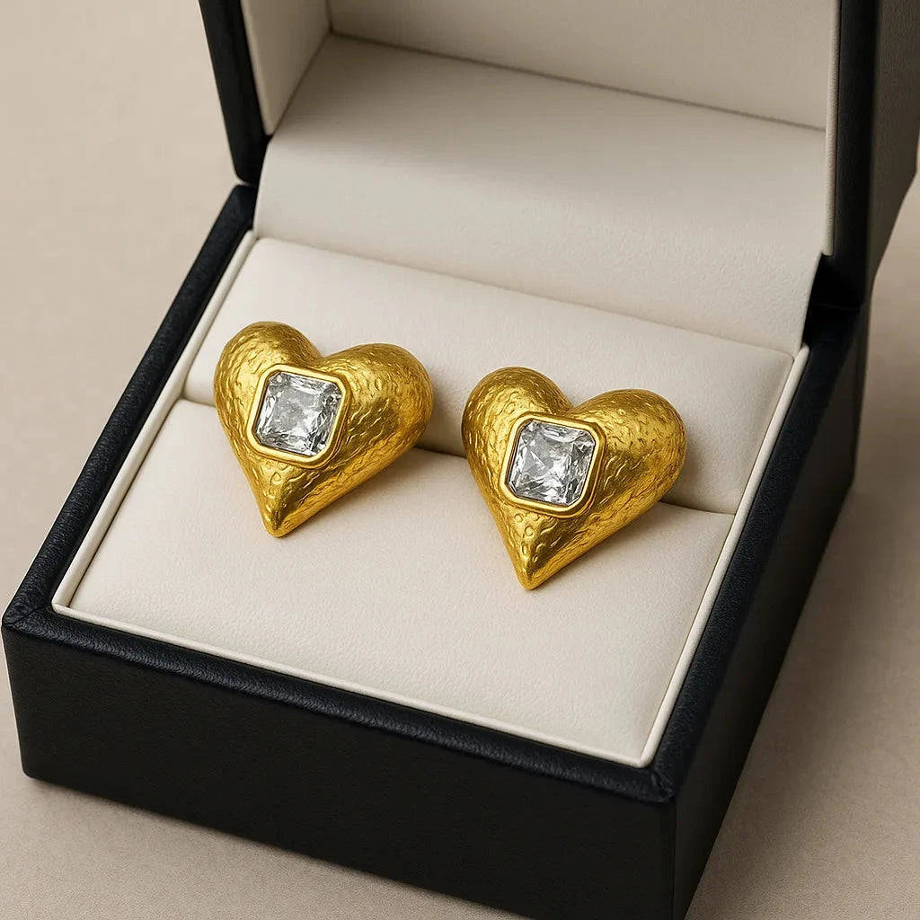 Anti-Tarnish Gold Heart Earrings with Square Crystal – waterproof and durable