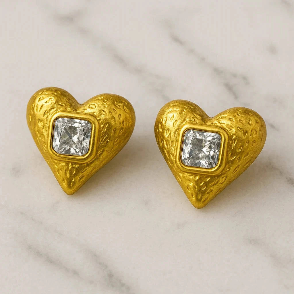 Anti-Tarnish Gold Heart Earrings with Square Crystal – waterproof and durable
