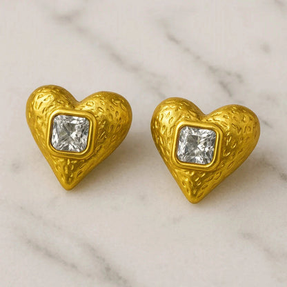 Anti-Tarnish Gold Heart Earrings with Square Crystal – waterproof and durable
