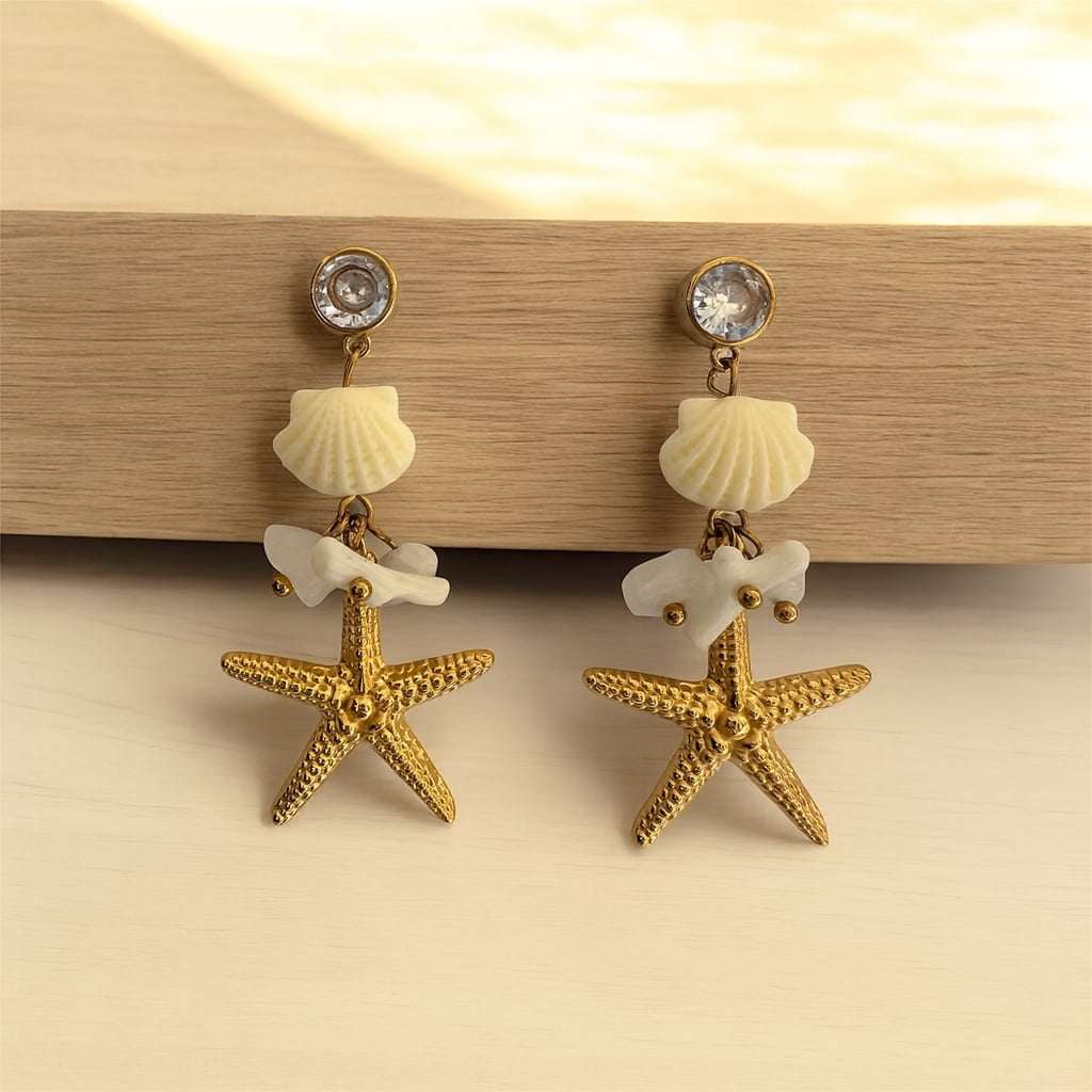 Anti-Tarnish Gold Starfish & Seashell Dangle Earrings