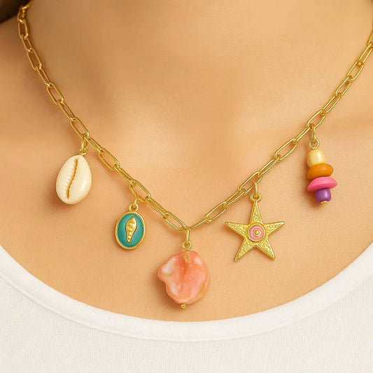 Anti-Tarnish Ocean Charm Necklace – Colorful & Waterproof Gems and Glitter