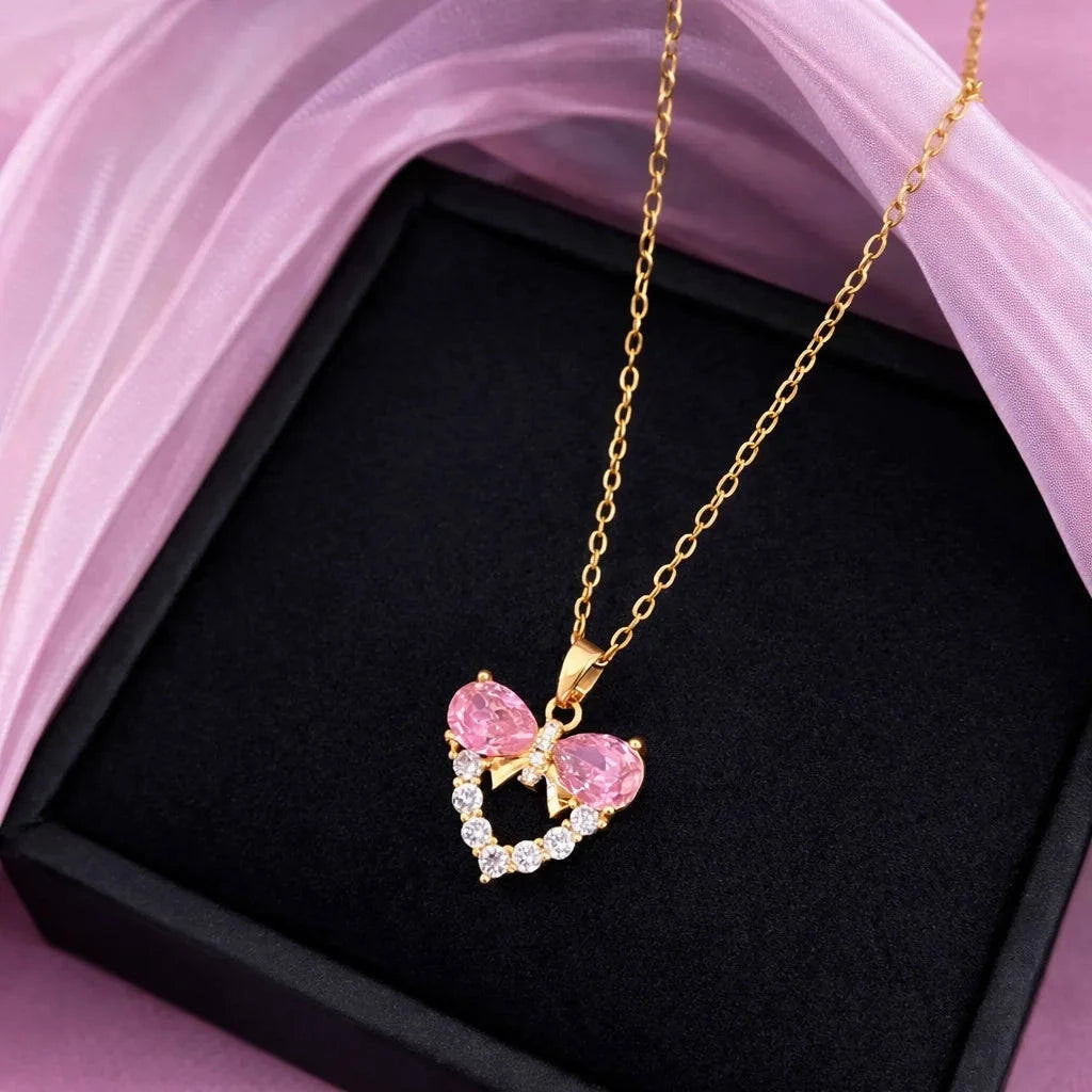 Anti-Tarnish Pink Bow Heart Pendant Necklace for Women Gems and Glitter