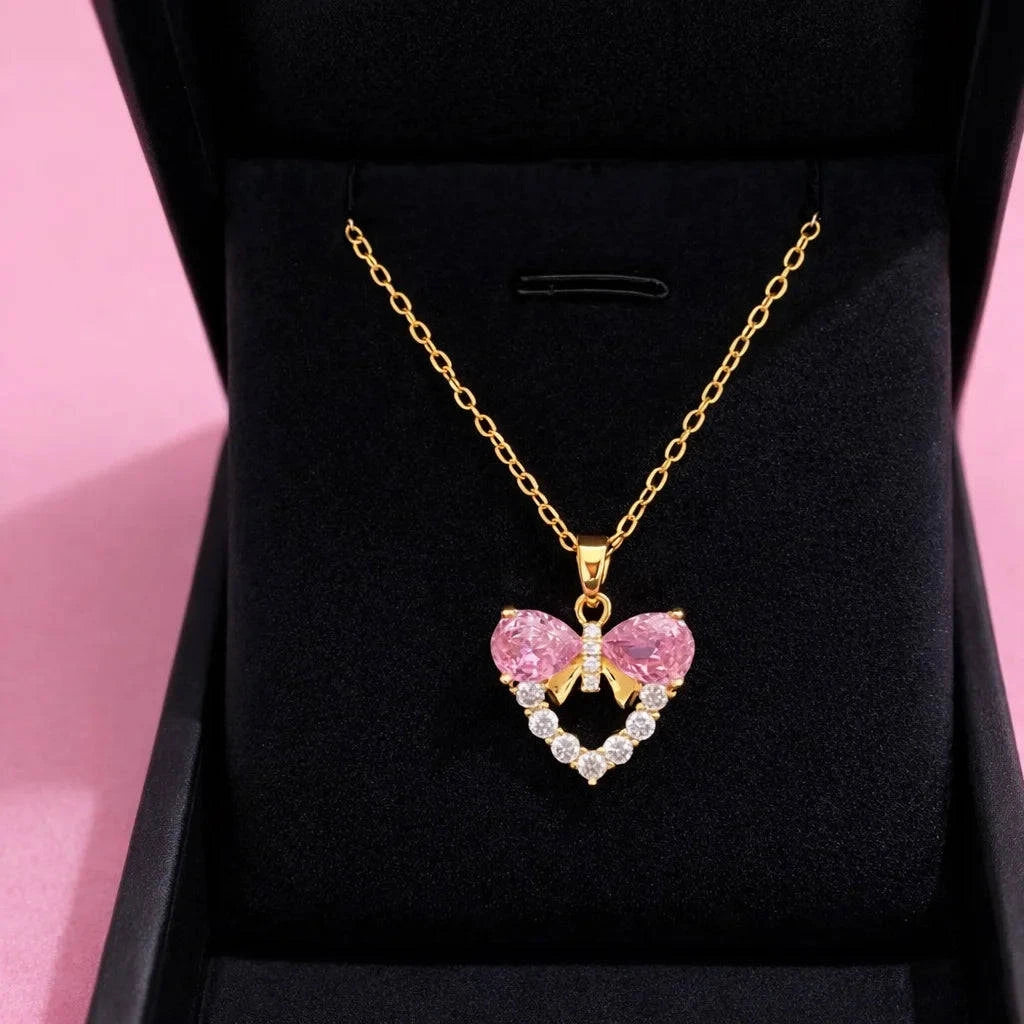 Anti-Tarnish Pink Bow Heart Pendant Necklace for Women Gems and Glitter