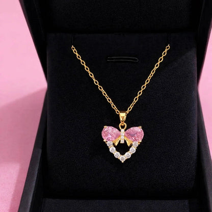 Anti-Tarnish Pink Bow Heart Pendant Necklace for Women Gems and Glitter