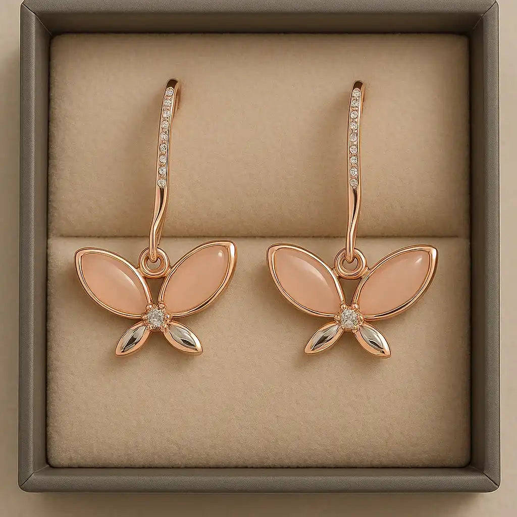Anti-Tarnish Rose Gold Butterfly Drop Earrings with Crystals Gems and Glitter
