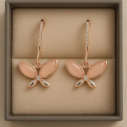 Anti-Tarnish Rose Gold Butterfly Drop Earrings with Crystals Gems and Glitter