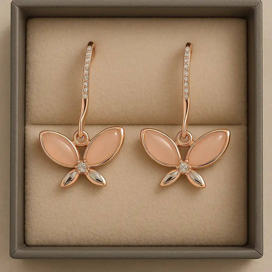 Anti-Tarnish Rose Gold Butterfly Drop Earrings with Crystals Gems and Glitter