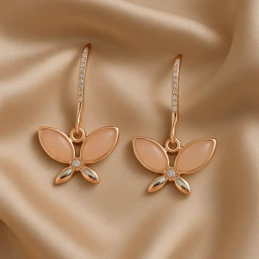 Anti-Tarnish Rose Gold Butterfly Drop Earrings with Crystals Gems and Glitter