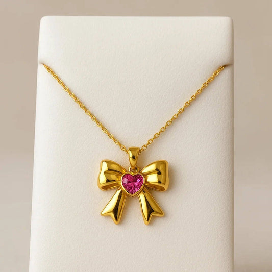 Elegant Bow Heart Necklace – Gold & Pink Stone Gems and Glitter