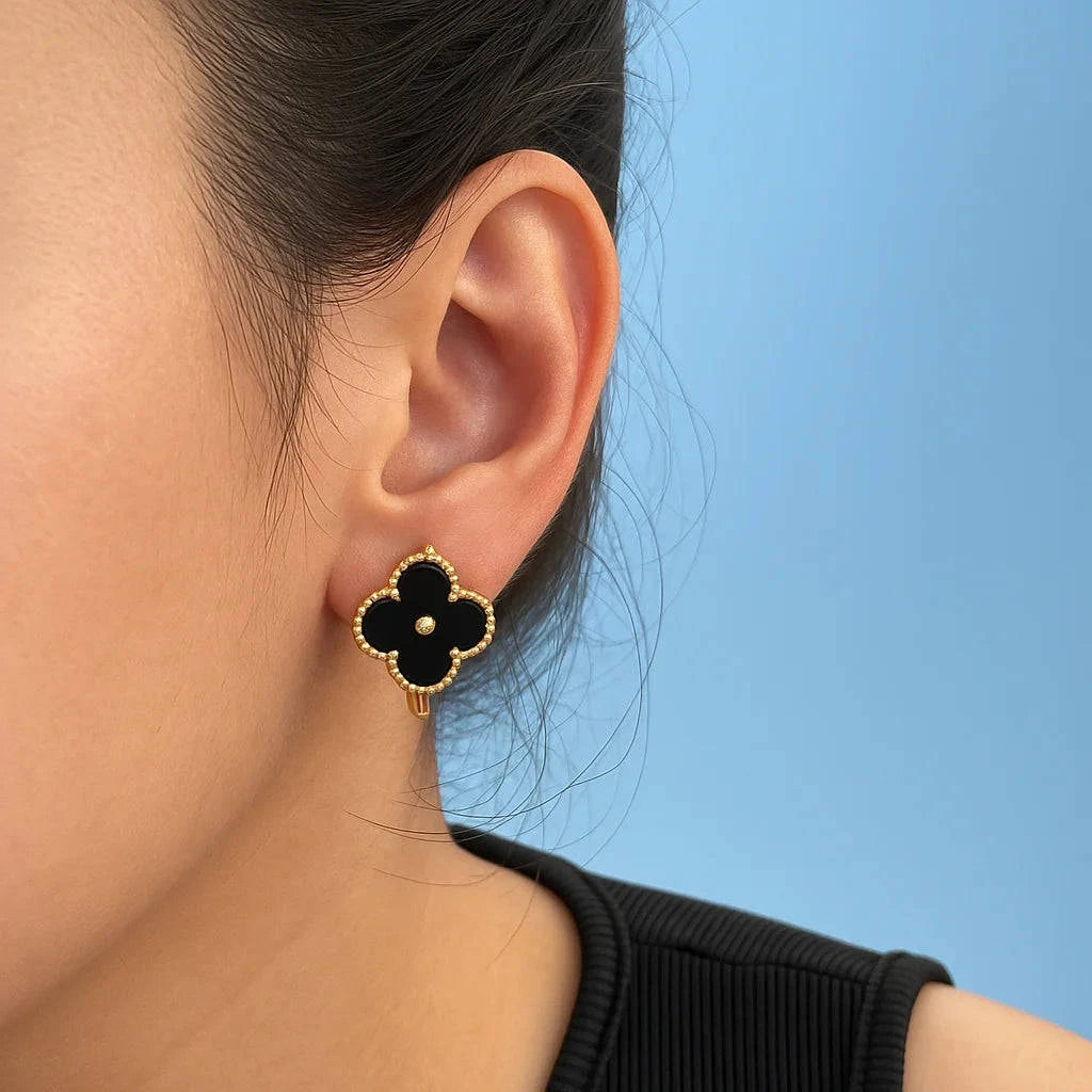 Elegant Clover Stud Earrings – Black Onyx / White Mother of Pearl Gems and Glitter