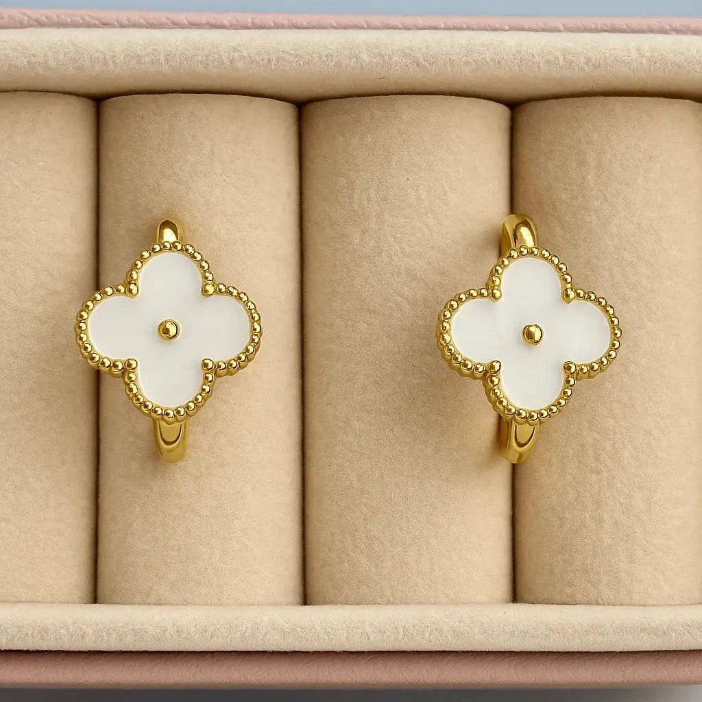 Elegant Clover Stud Earrings – Black Onyx / White Mother of Pearl Gems and Glitter