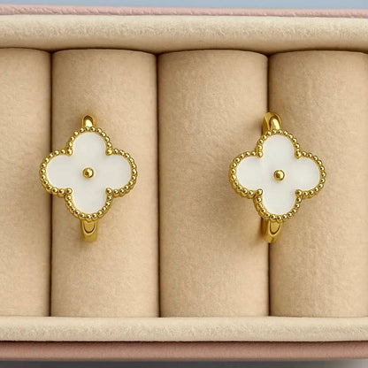 Elegant Clover Stud Earrings – Black Onyx / White Mother of Pearl Gems and Glitter