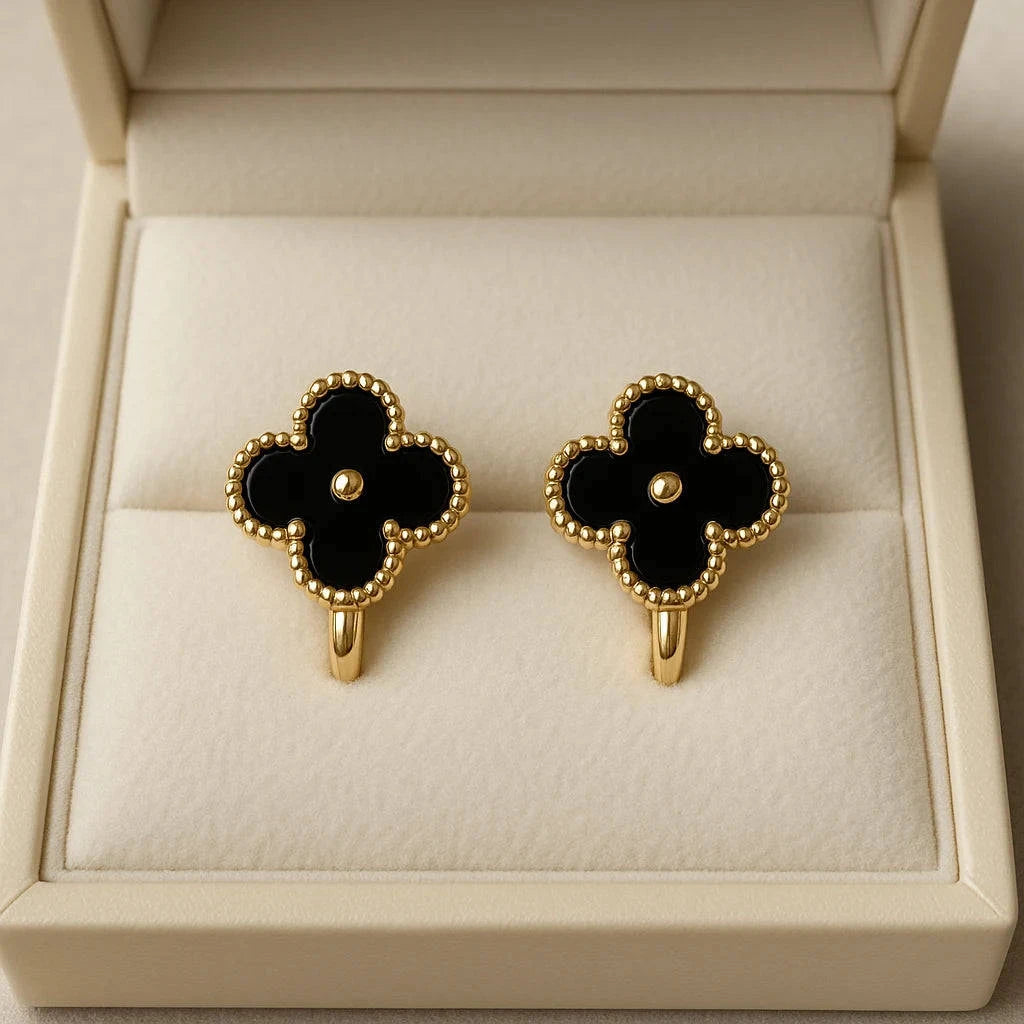 Elegant Clover Stud Earrings – Black Onyx / White Mother of Pearl Gems and Glitter