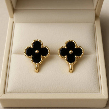 Elegant Clover Stud Earrings – Black Onyx / White Mother of Pearl Gems and Glitter