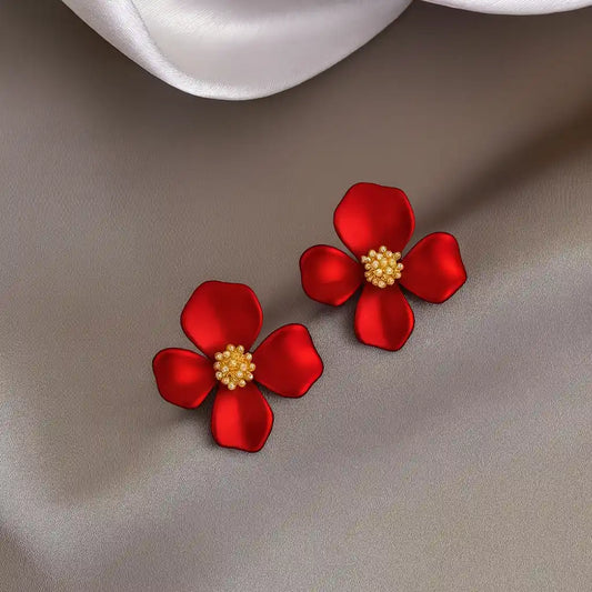 Red Flower Korean Earrings – Floral Studs | Buy 2 Get 4 Offer (Prepaid Only)