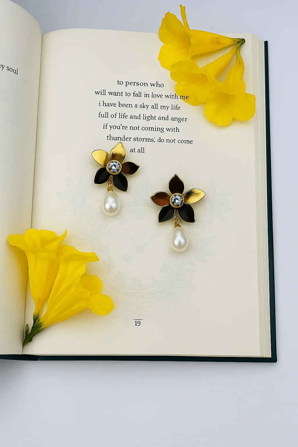 Gold Petal Drop Earrings – Pearl Charm & Blue Crystal Design - Gems and Glitter anta - tarnish