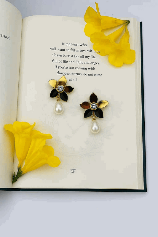 Gold Petal Drop Earrings – Pearl Charm & Blue Crystal Design - Gems and Glitter anta - tarnish