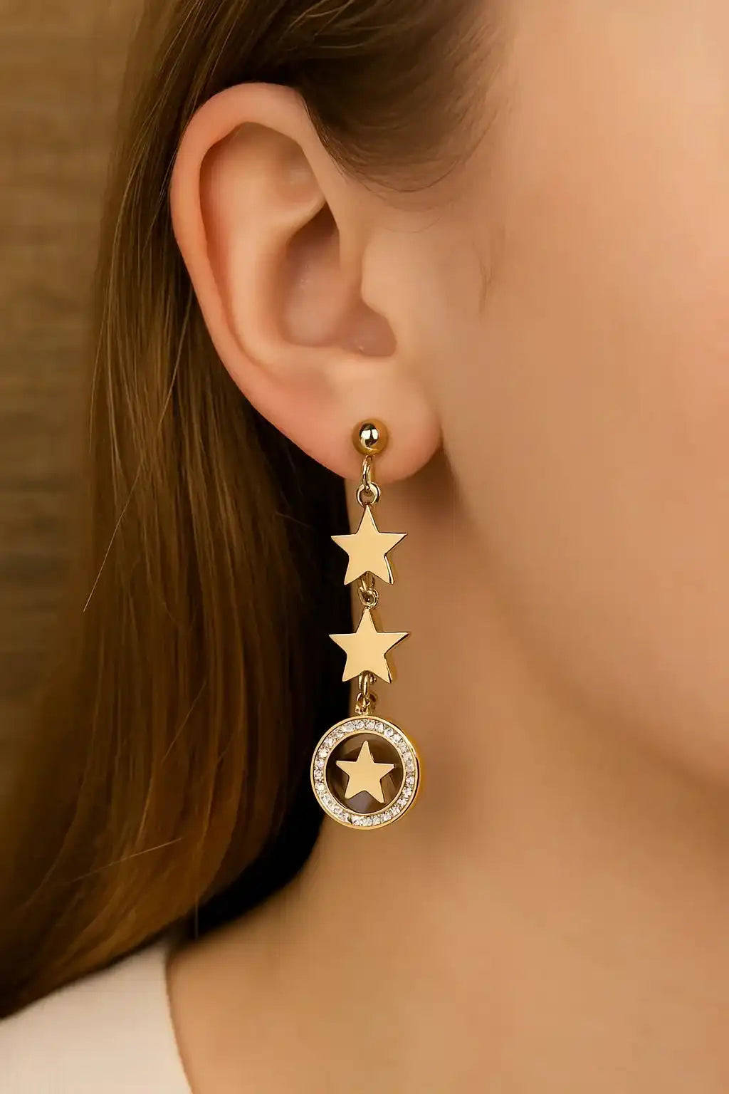 Gold Star Drop Earrings with Black Accent – Dangle Design Gems and Glitter