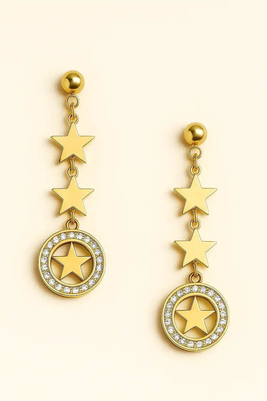 Gold Star Drop Earrings with Black Accent – Dangle Design Gems and Glitter