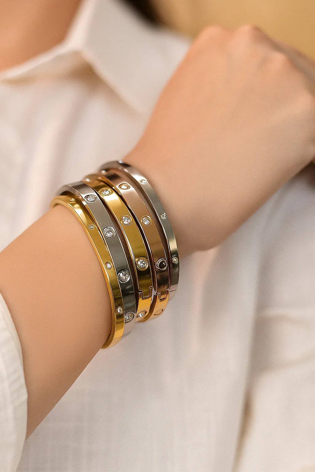 Golden Crystal Bangle – Luxe Band Unisex Designer Jewelry - Gems and Glitter anta - tarnish