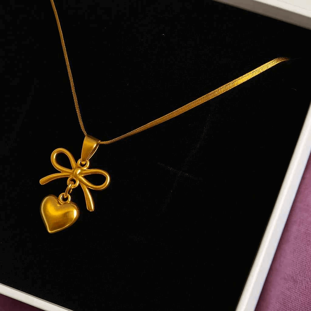 Golden Heart & Bow Pendant Necklace - Gems and Glitter