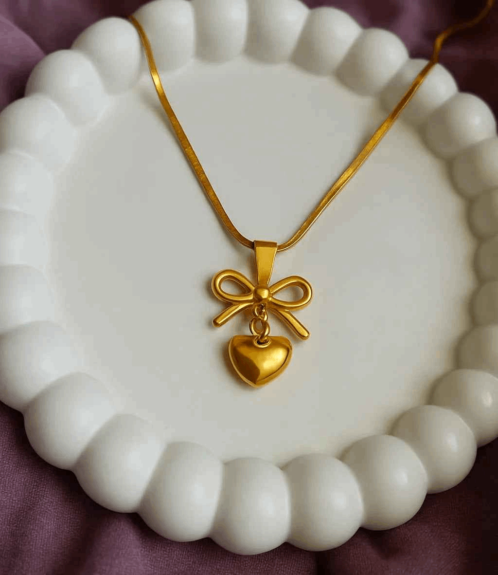 Golden Heart & Bow Pendant Necklace - Gems and Glitter