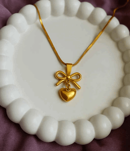 Golden Heart & Bow Pendant Necklace - Gems and Glitter