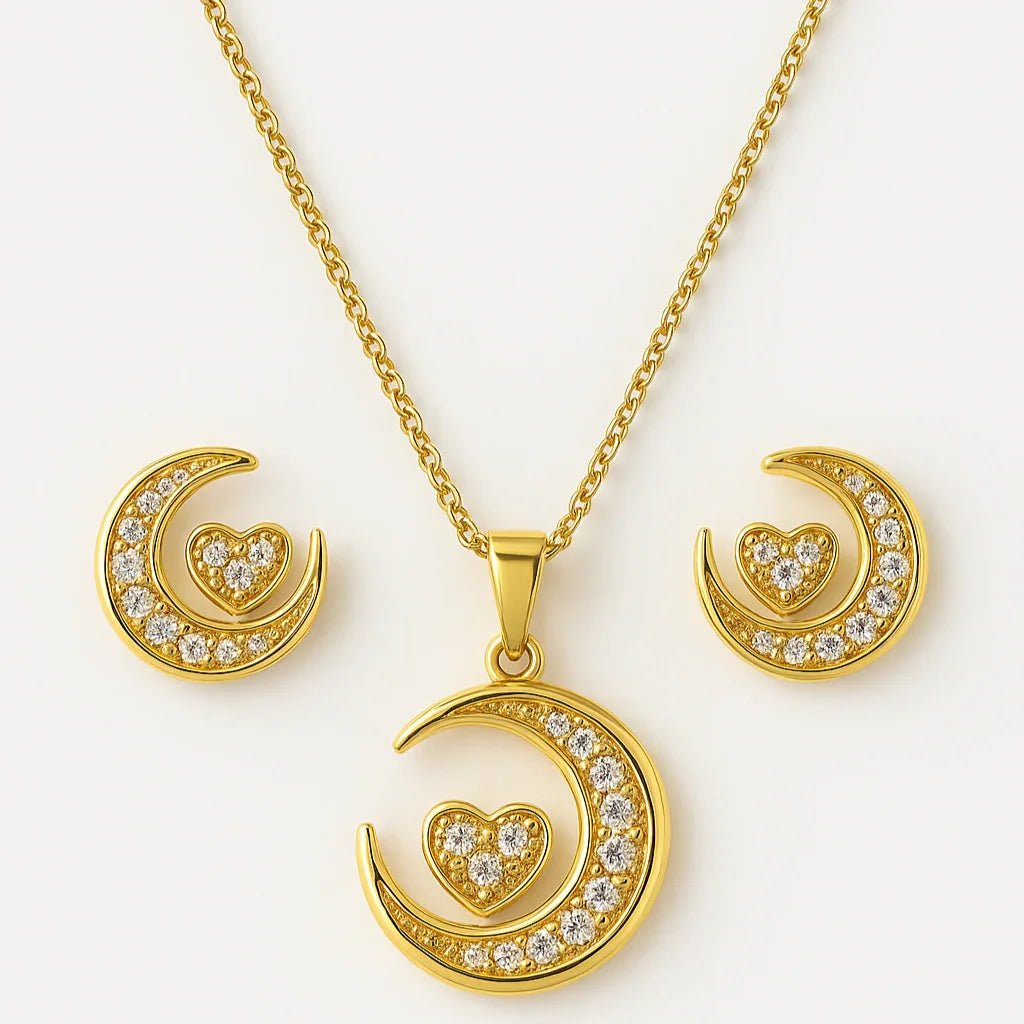 Heart and Crescent Moon Jewelry Set – Gold - Tone Anti - Tarnish - Gems and Glitter anta - tarnish