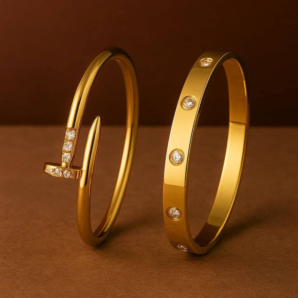 Luxury Gold - Plated Designer Bracelet Combo – Anti - Tarnish, Diamond Finish, Waterproof - Gems and Glitter anta - tarnish