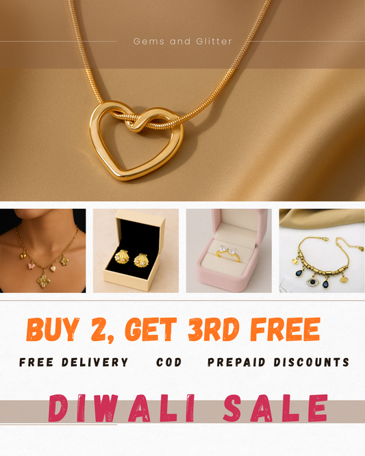 Gold heart-shaped necklace on a beige fabric background with jewelry items and promotional text.