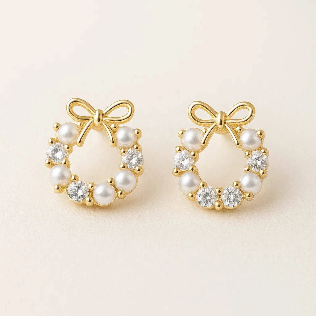 Pearl & Crystal Wreath Korean Earrings with Bow – Buy 2 Get 4 Offer Prepaid Only – Gems and Glitter