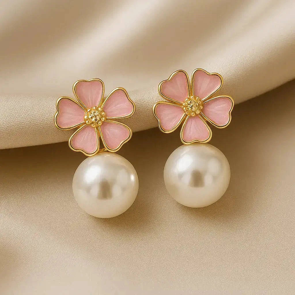 Pink Flower & Pearl Korean Earrings – Floral Studs – Buy 2 Get 4 Offer Prepaid Only – Gems and Glitter