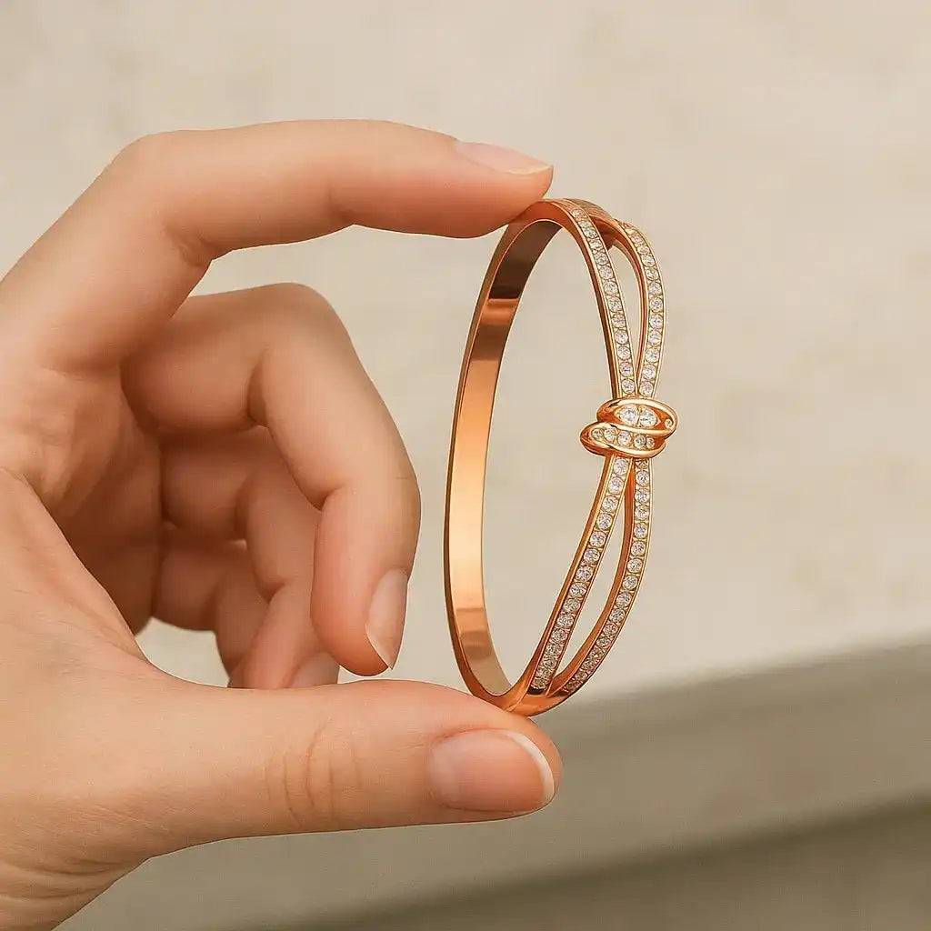 Rose Gold Knot Bangle with Diamond Accents Gems and Glitter