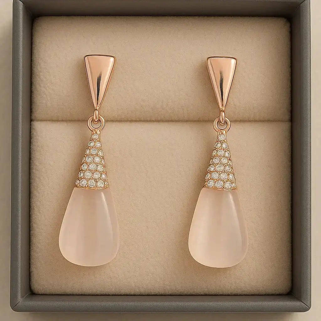 Rose Gold Teardrop Earrings with Crystal Studded Cap – Anti-Tarnish & Waterproof Gems and Glitter